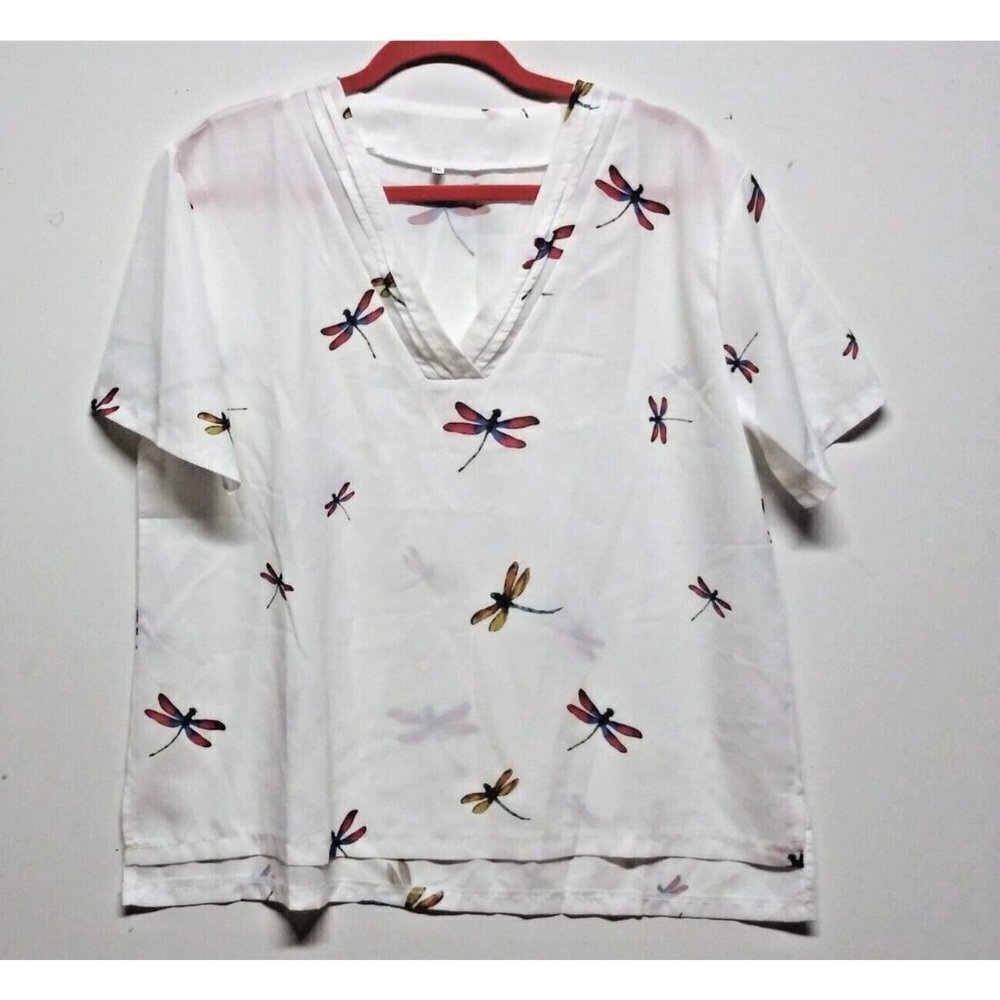 Women's White Dragonfly Print V-Neck Blouse Short Sleeve Size XL/2XL